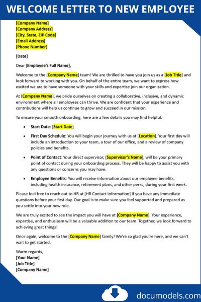 welcome letter to new employee