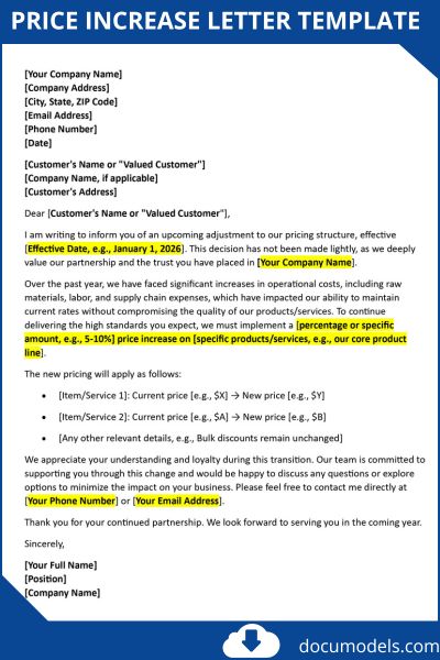 price increase letter template